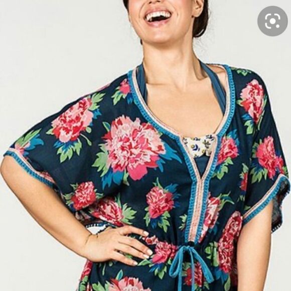 Matilda Jane Tunic Top Medium Swim Cover Up Boho Floral Fringe pink blue - Picture 3 of 6